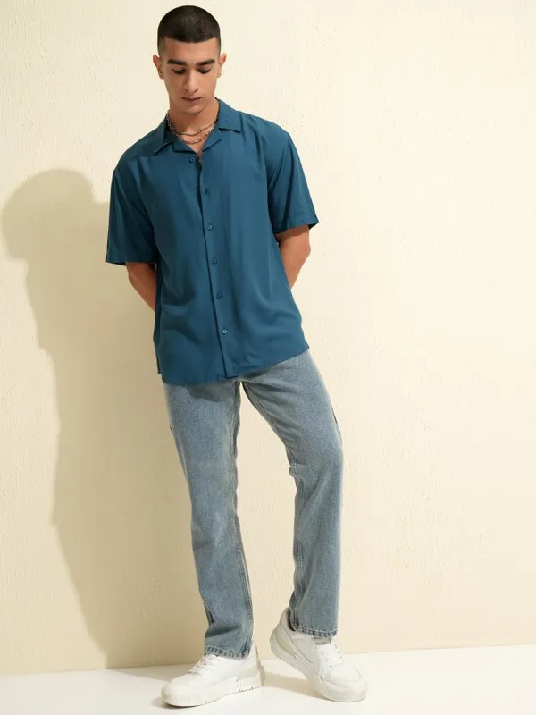 Ketch Men Teal Solid Relaxed Fit Casual Shirt