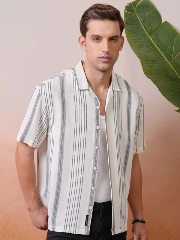 Locomotive Premium Men Cream Dobby Textured Striped Cuban Collar Oversized Shirt