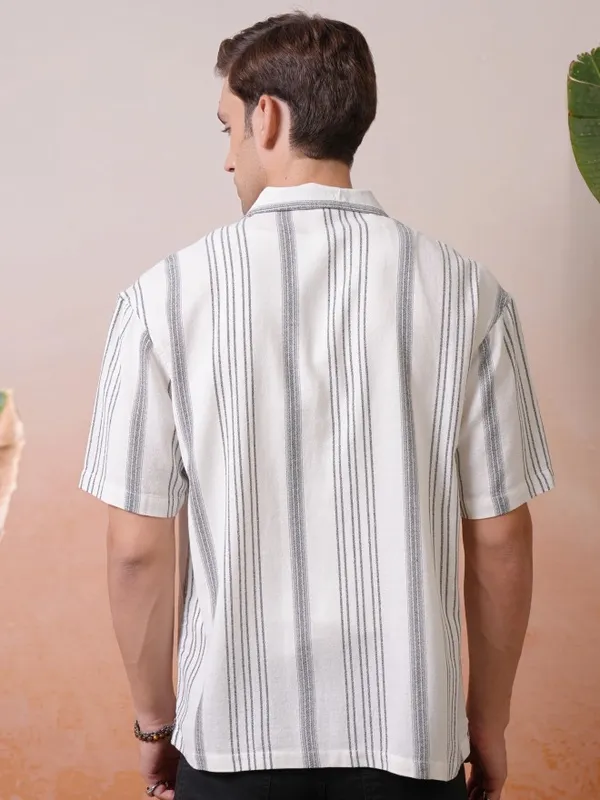 Locomotive Premium Men Cream Dobby Textured Striped Cuban Collar Oversized Shirt