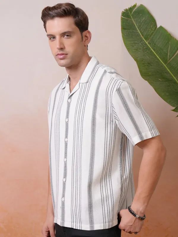 Locomotive Premium Men Cream Dobby Textured Striped Cuban Collar Oversized Shirt