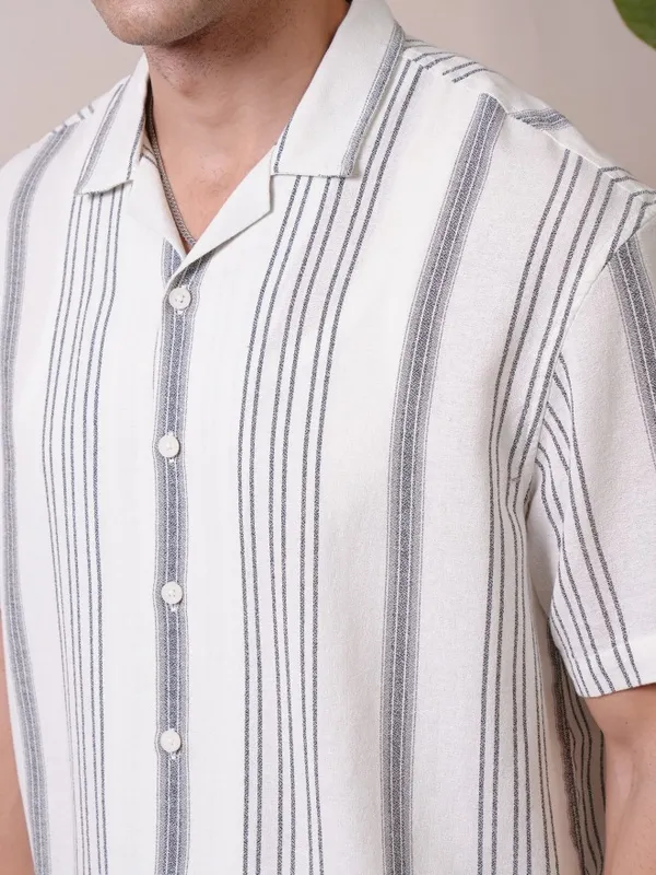 Locomotive Premium Men Cream Dobby Textured Striped Cuban Collar Oversized Shirt