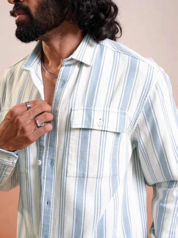 Locomotive Men Cream Striped Relaxed Fit Casual Shirt
