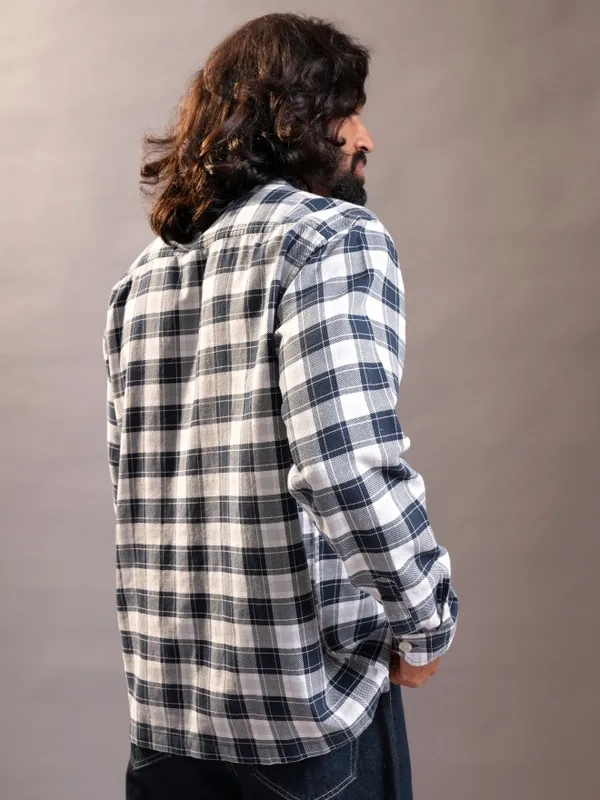 Locomotive Men Navy Blue Checked Oversized Fit Casual Shirt