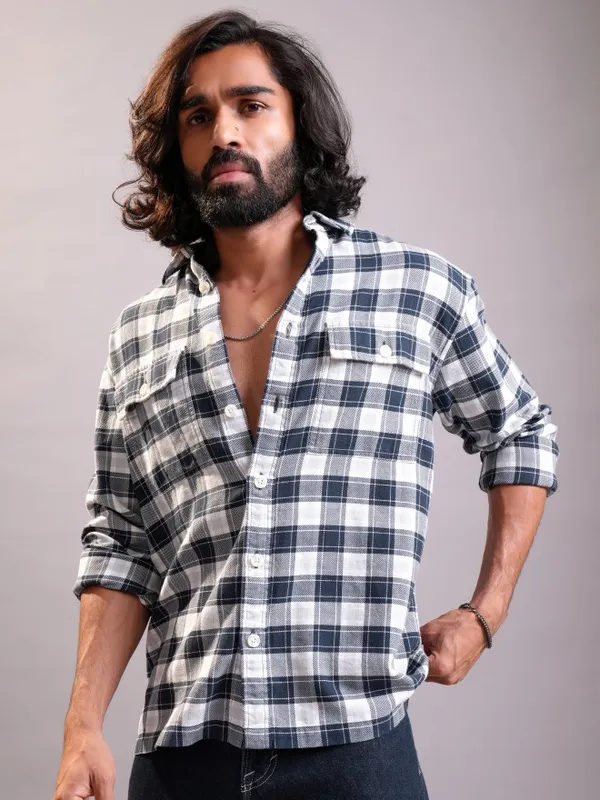 Locomotive Men Navy Blue Checked Oversized Fit Casual Shirt