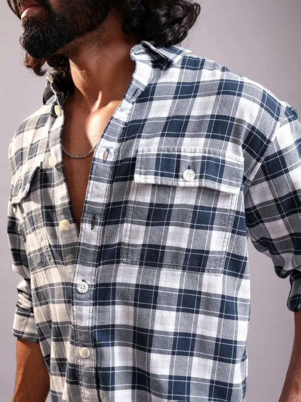 Locomotive Men Navy Blue Checked Oversized Fit Casual Shirt