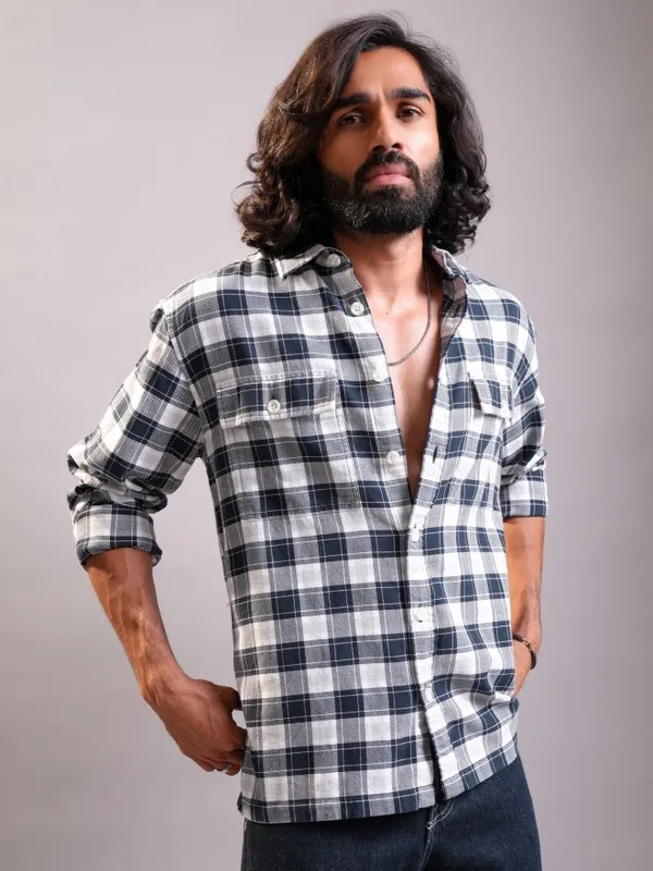 Locomotive Men Navy Blue Checked Oversized Fit Casual Shirt