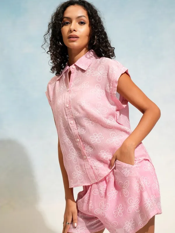 Tokyo Talkies Women Pink Shirt With Shorts Co-Ords