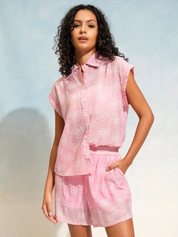 Tokyo Talkies Women Pink Shirt With Shorts Co-Ords