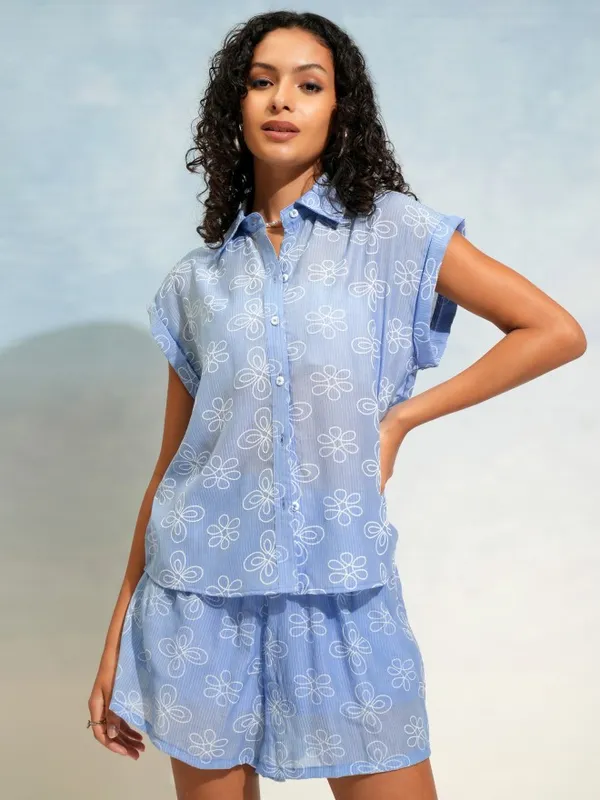 Tokyo Talkies Women Blue Shirt With Shorts Co-Ords