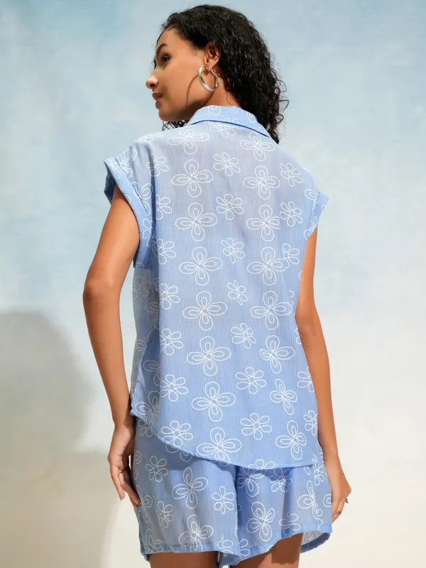 Tokyo Talkies Women Blue Shirt With Shorts Co-Ords
