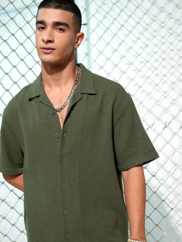 Highlander Men Olive Textured Oversized Fit Casual Shirt