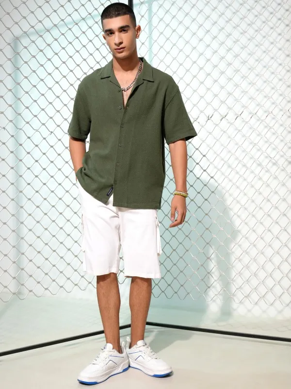 Highlander Men Olive Textured Oversized Fit Casual Shirt