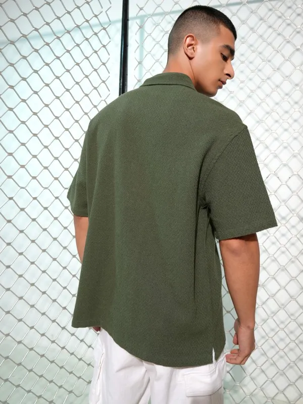 Highlander Men Olive Textured Oversized Fit Casual Shirt