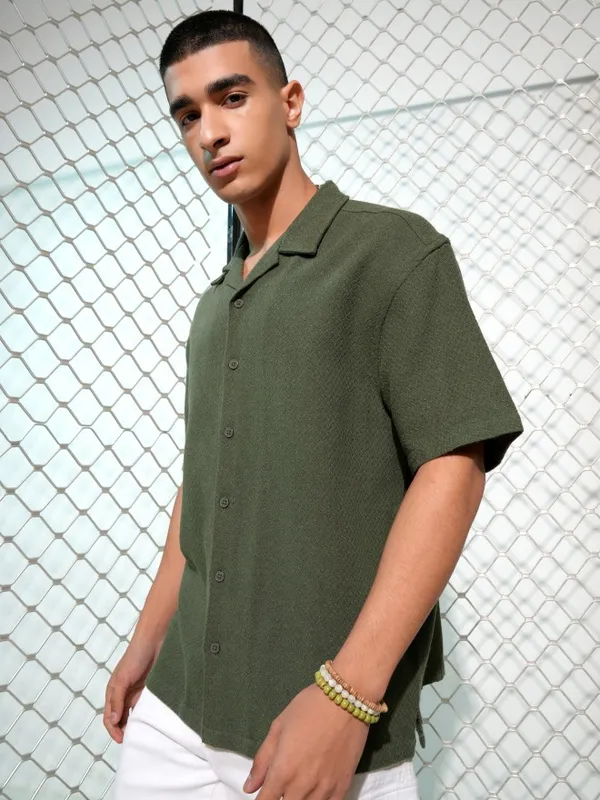 Highlander Men Olive Textured Oversized Fit Casual Shirt