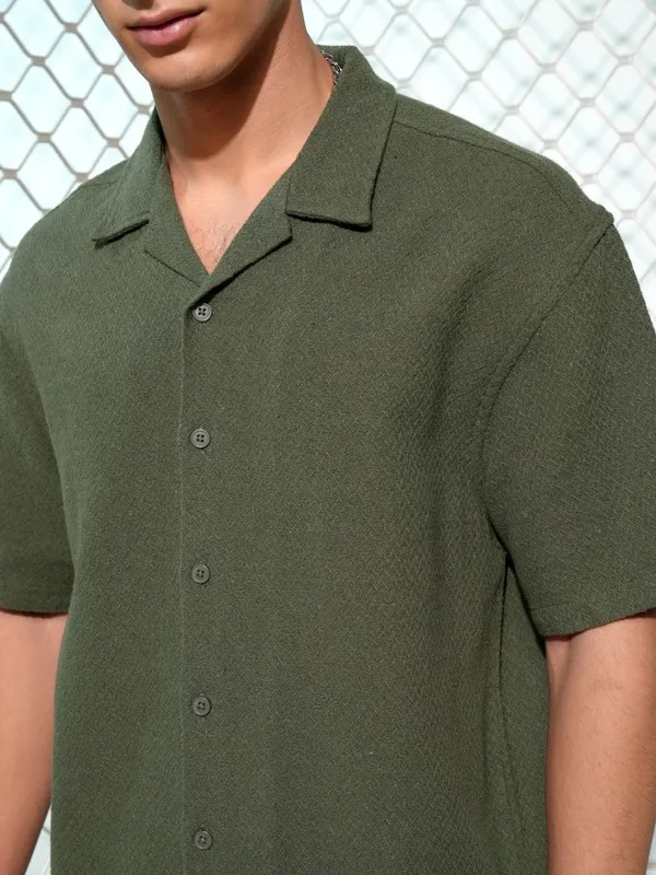 Highlander Men Olive Textured Oversized Fit Casual Shirt