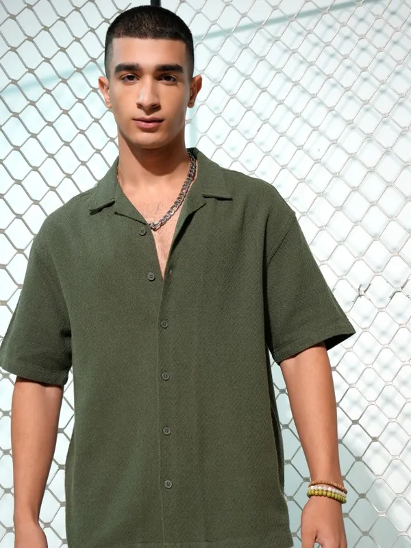 Highlander Men Olive Textured Oversized Fit Casual Shirt
