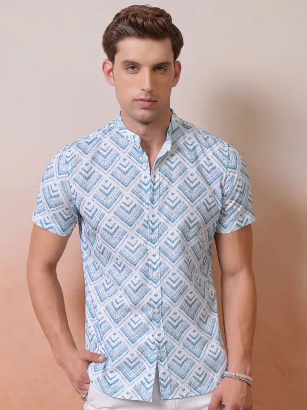 Locomotive Premium Men Blue Printed Cuban Collar Relaxed Shirt