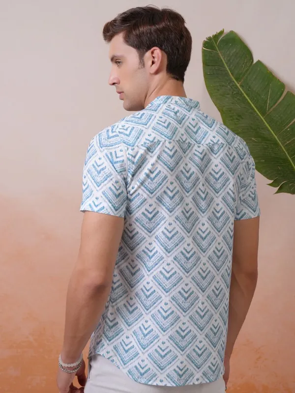 Locomotive Premium Men Blue Printed Cuban Collar Relaxed Shirt