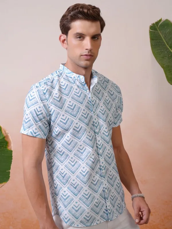 Locomotive Premium Men Blue Printed Cuban Collar Relaxed Shirt