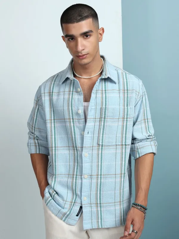 Highlander Men Blue Checked Oversized Fit Casual Shirt