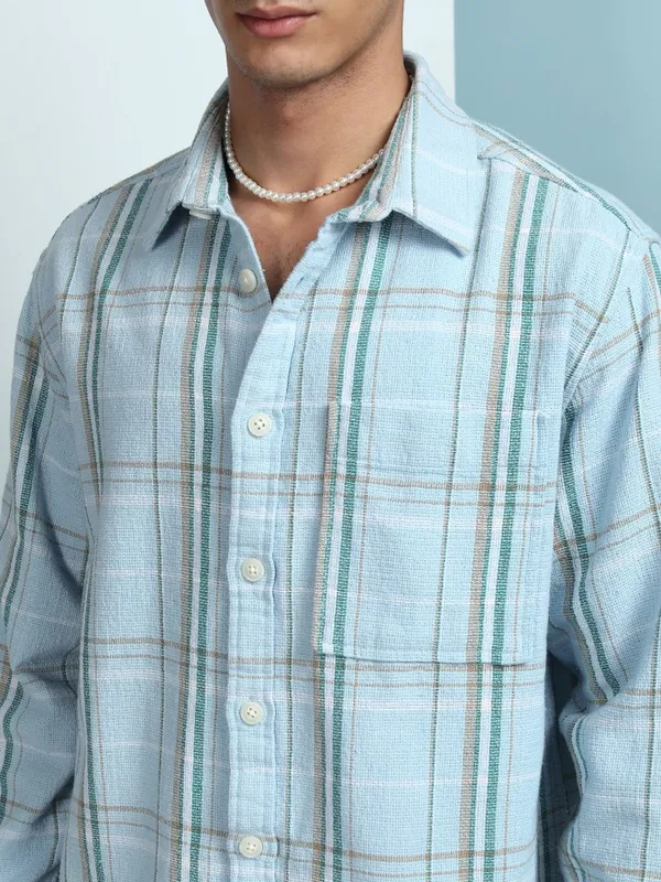 Highlander Men Blue Checked Oversized Fit Casual Shirt