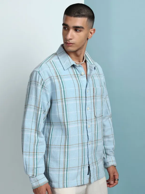 Highlander Men Blue Checked Oversized Fit Casual Shirt