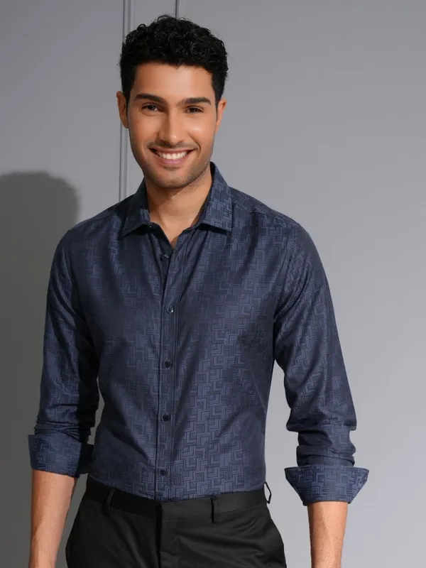 Locomotive Men Premium Navy Jacquard Textured Occasion Shirt