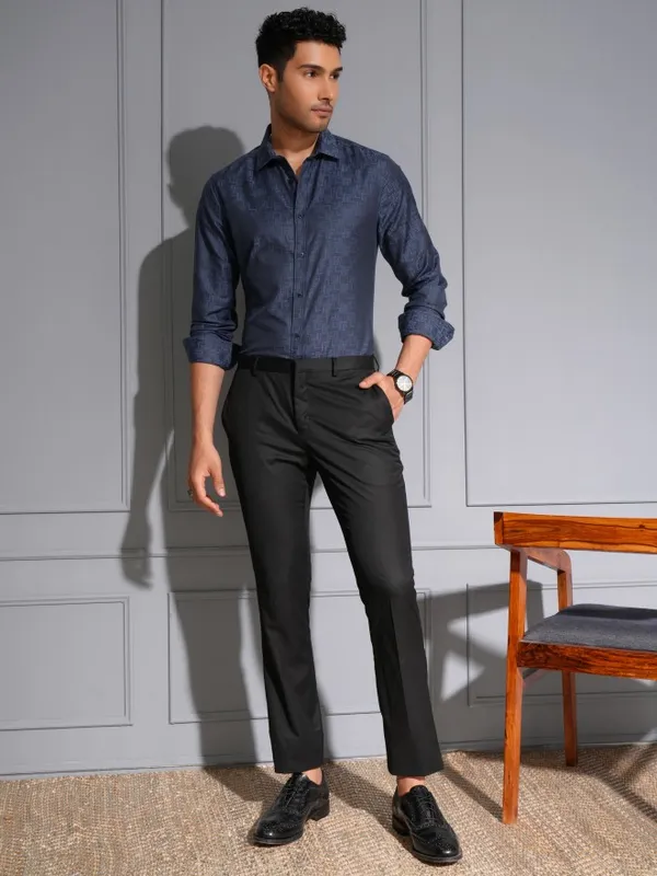 Locomotive Men Premium Navy Jacquard Textured Occasion Shirt