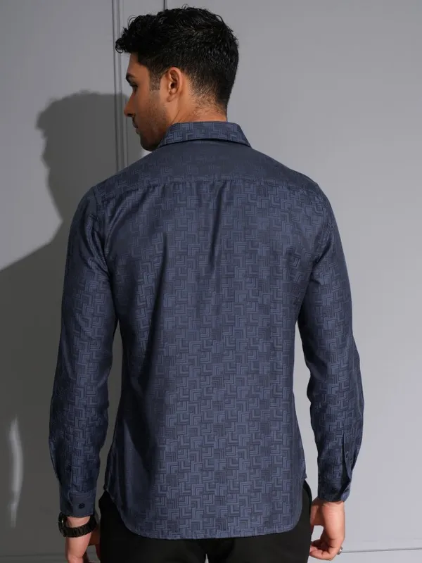 Locomotive Men Premium Navy Jacquard Textured Occasion Shirt