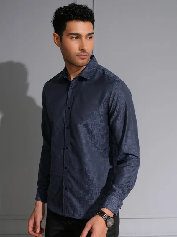 Locomotive Men Premium Navy Jacquard Textured Occasion Shirt