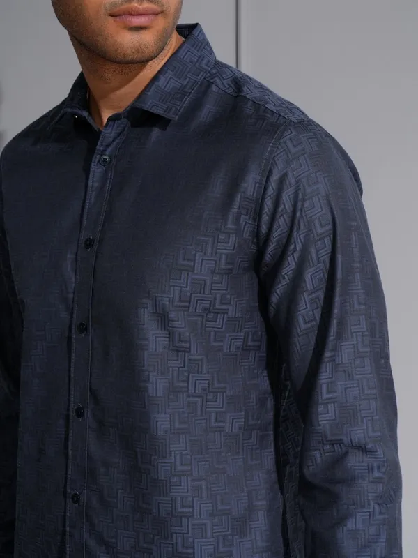 Locomotive Men Premium Navy Jacquard Textured Occasion Shirt