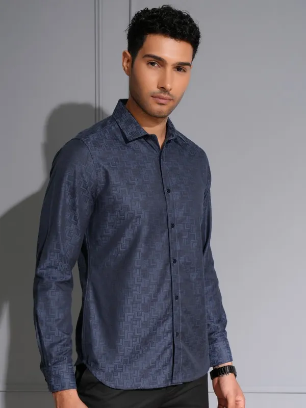 Locomotive Men Premium Navy Jacquard Textured Occasion Shirt