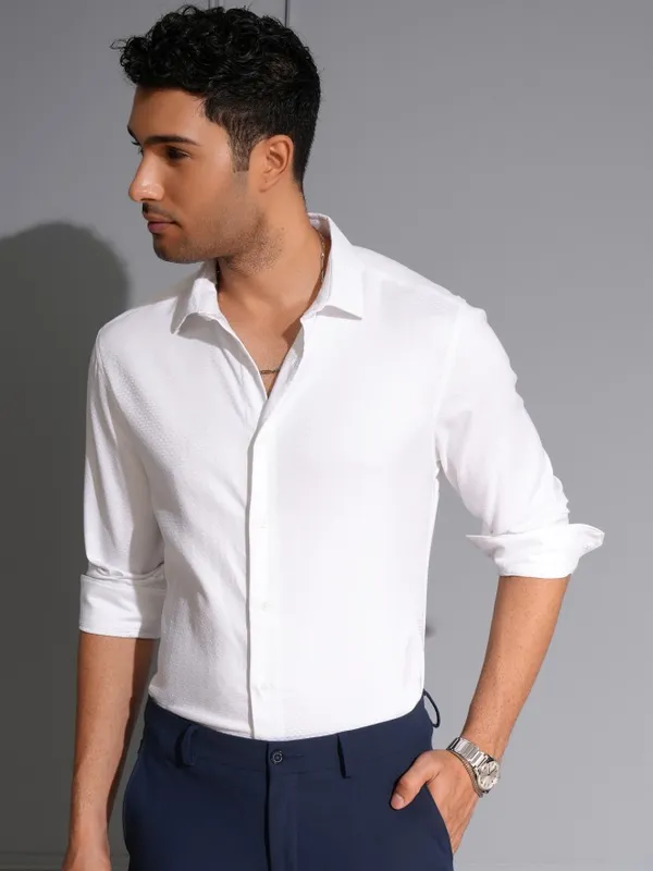 Locomotive Men Premium White Dobby Textured Occasion Shirt