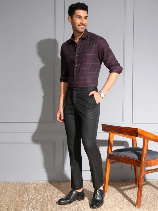 Locomotive Men Wine Striped Slim Fit Casual Shirt