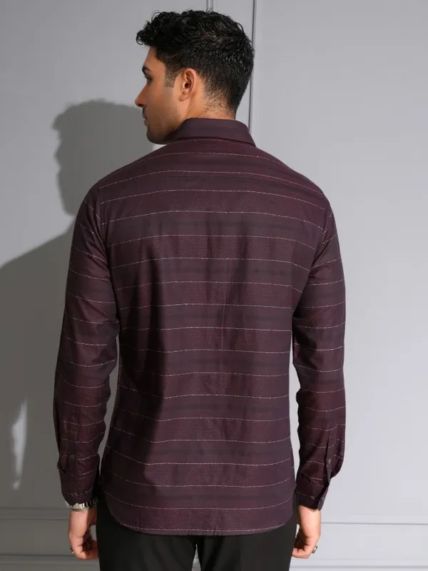 Locomotive Men Wine Striped Slim Fit Casual Shirt