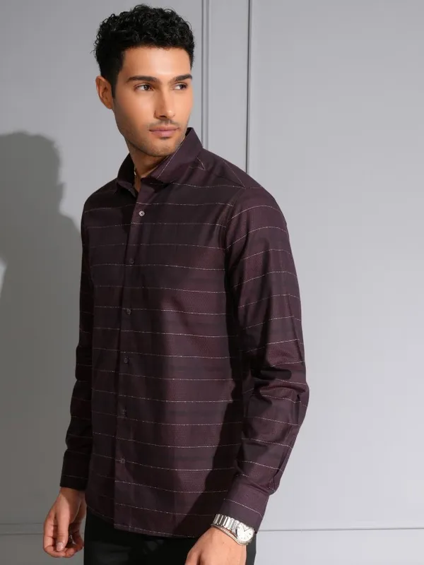 Locomotive Men Wine Striped Slim Fit Casual Shirt