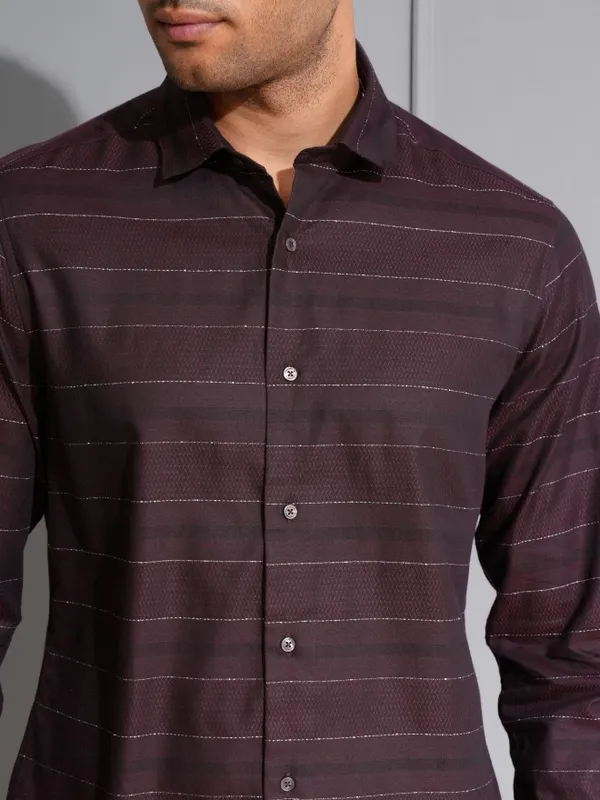 Locomotive Men Wine Striped Slim Fit Casual Shirt
