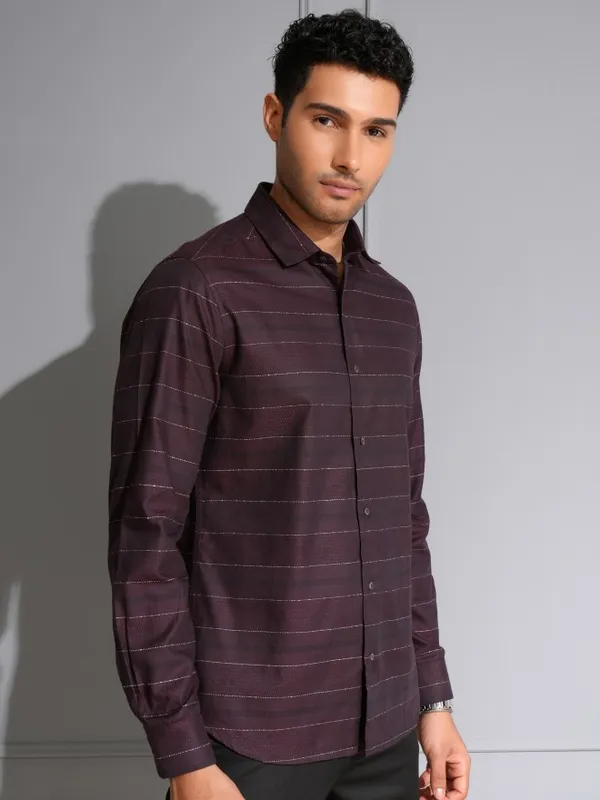 Locomotive Men Wine Striped Slim Fit Casual Shirt