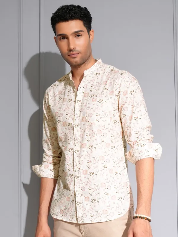 Locomotive Men Premium Cream Printed Mandarine Collar Casual Shirt