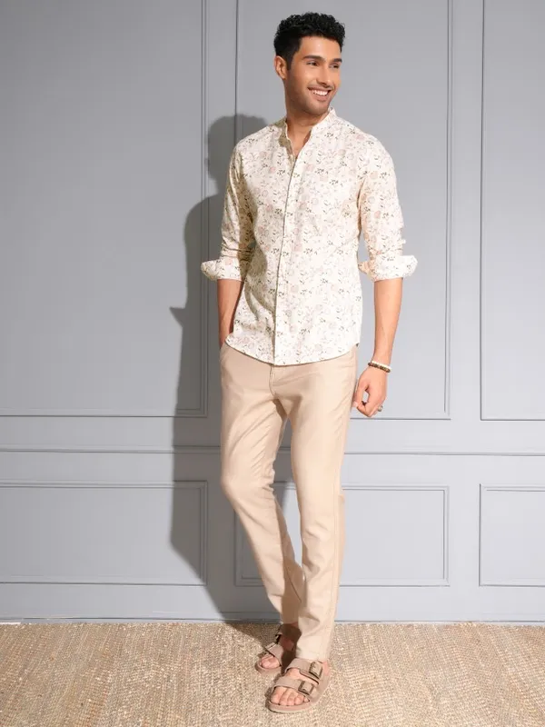 Locomotive Men Premium Cream Printed Mandarine Collar Casual Shirt
