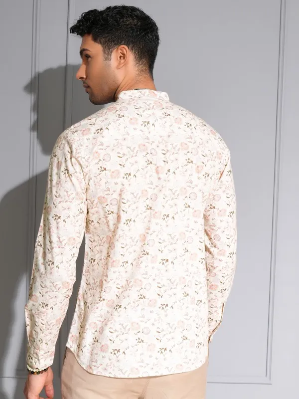 Locomotive Men Premium Cream Printed Mandarine Collar Casual Shirt