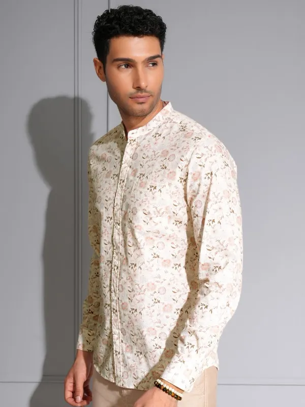 Locomotive Men Premium Cream Printed Mandarine Collar Casual Shirt
