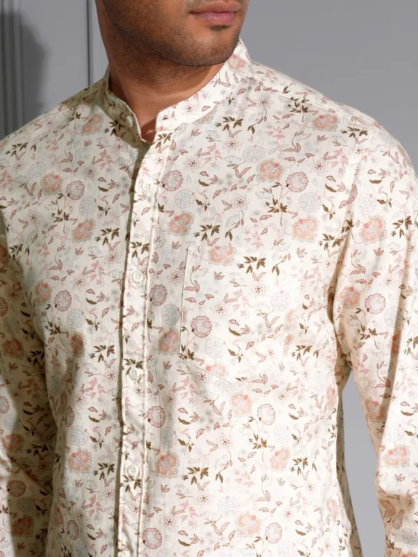Locomotive Men Premium Cream Printed Mandarine Collar Casual Shirt
