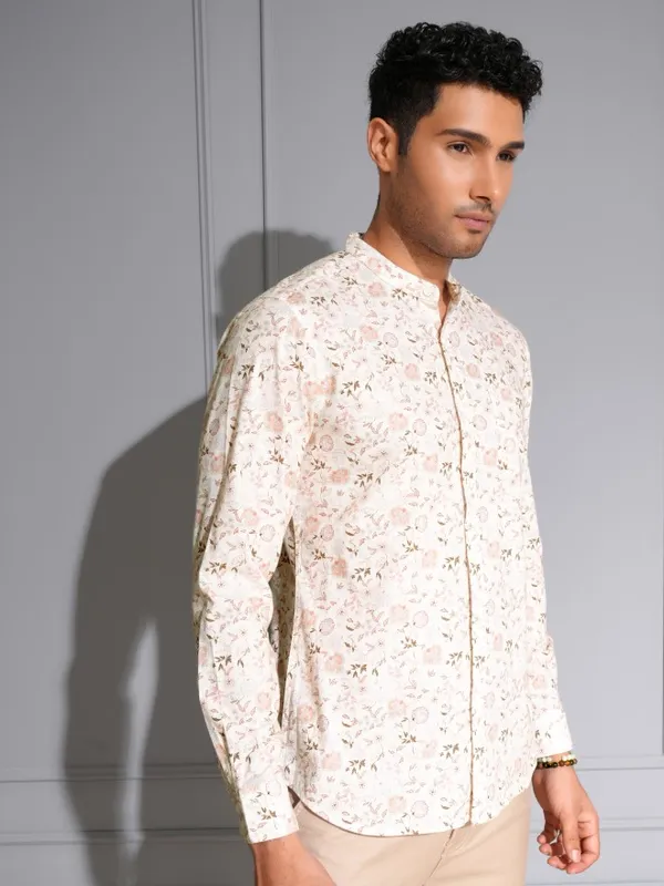 Locomotive Men Premium Cream Printed Mandarine Collar Casual Shirt