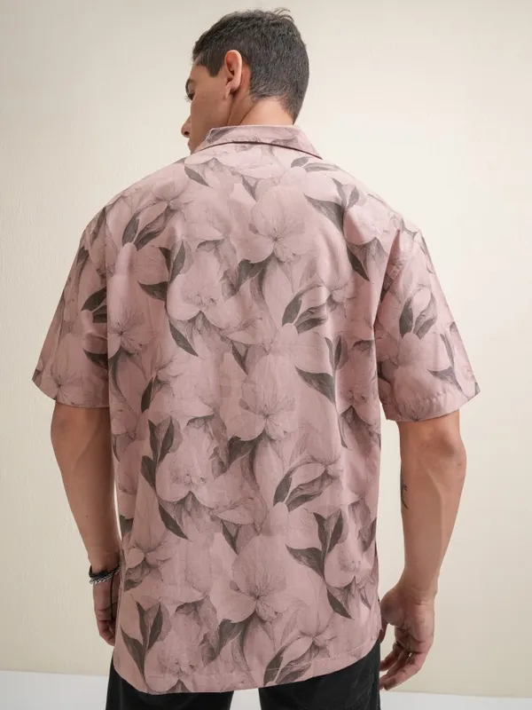Locomotive Premium Men Peach Printed Oversized Fit Casual Shirt