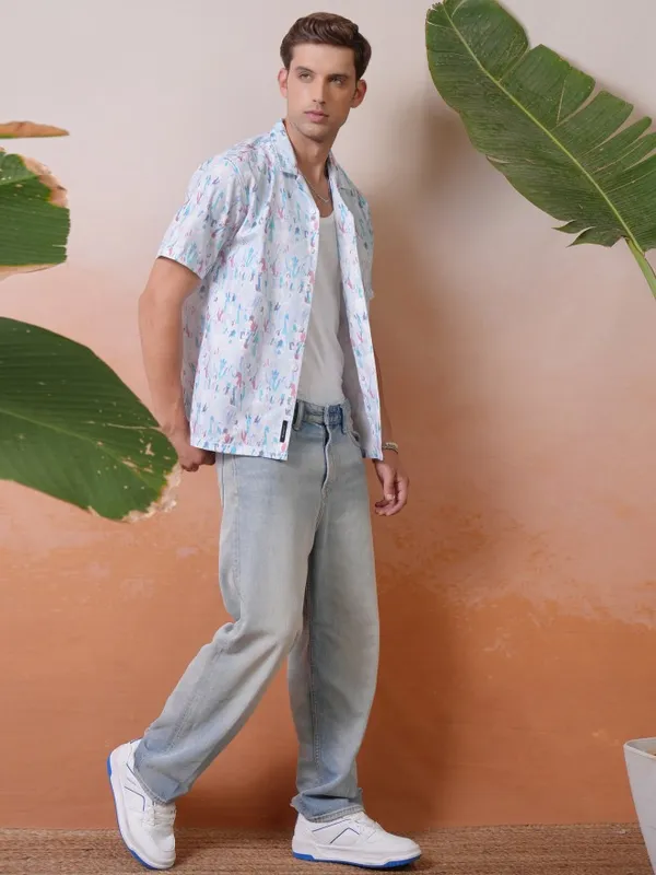 Locomotive Men Blue Printed Relaxed Fit Casual Shirt