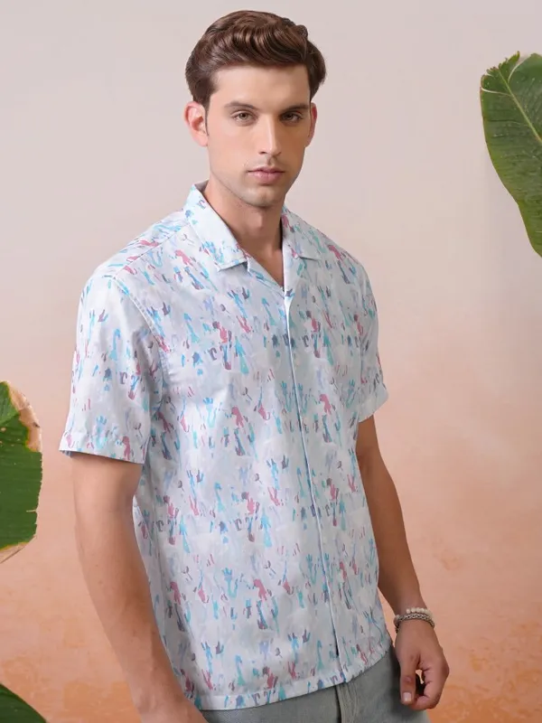 Locomotive Men Blue Printed Relaxed Fit Casual Shirt