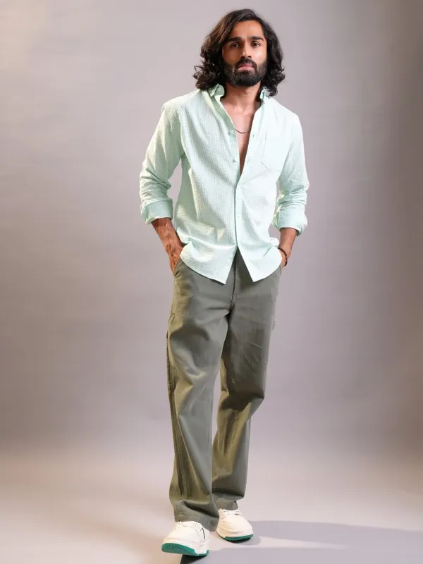 Locomotive Men Green Self Design Regular Fit Casual Shirt