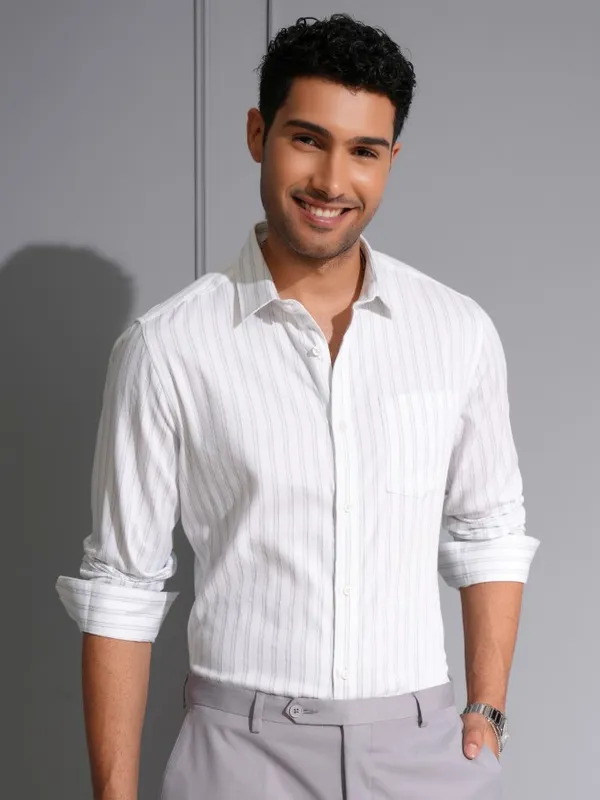 Locomotive Men Premium White Dobby Textured Striped Multi Occasion Shirt