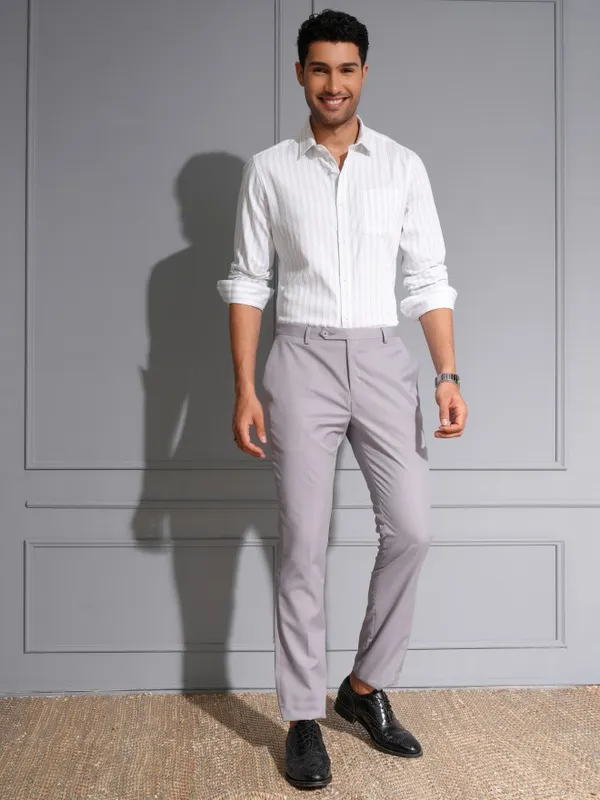 Locomotive Men Premium White Dobby Textured Striped Multi Occasion Shirt